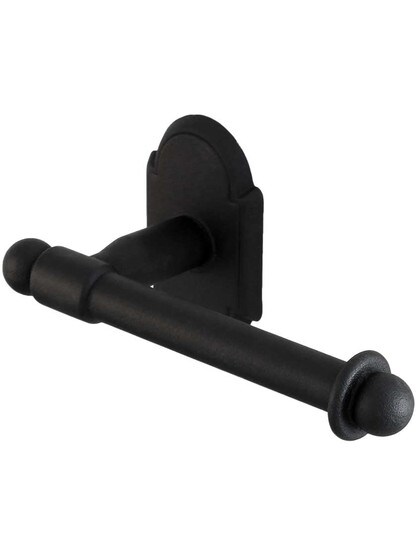 Wrought-Steel Euro Toilet-Paper Holder with Arched Rosette in Matte Black.